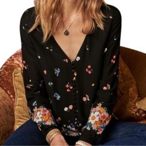 Sézane Heloise Blouse Boudoir Black Floral Long Sleeve Button Front Top US 6 Med